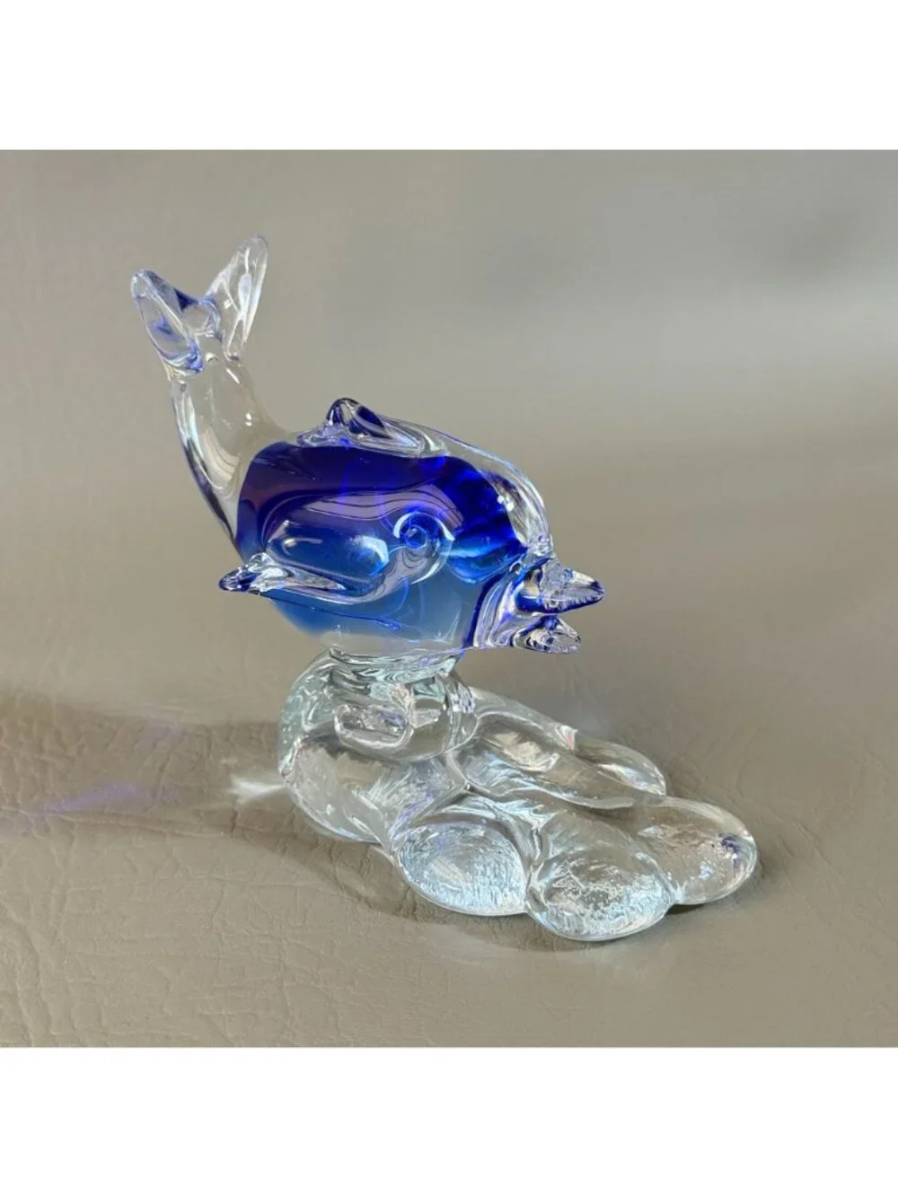 Retro Cobalt Blue Encased Glass Dolphin Figurine Abstract Wave Paperweight